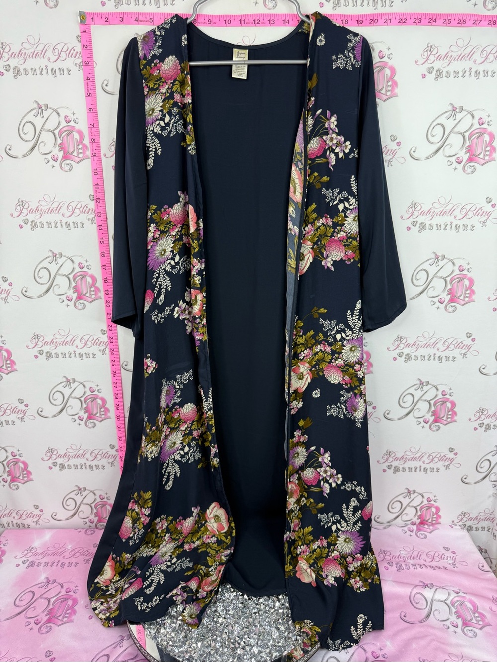 Japna Navy Floral Kimono Cardigan with Pink and Green Blooms - Picture 1 of 10
